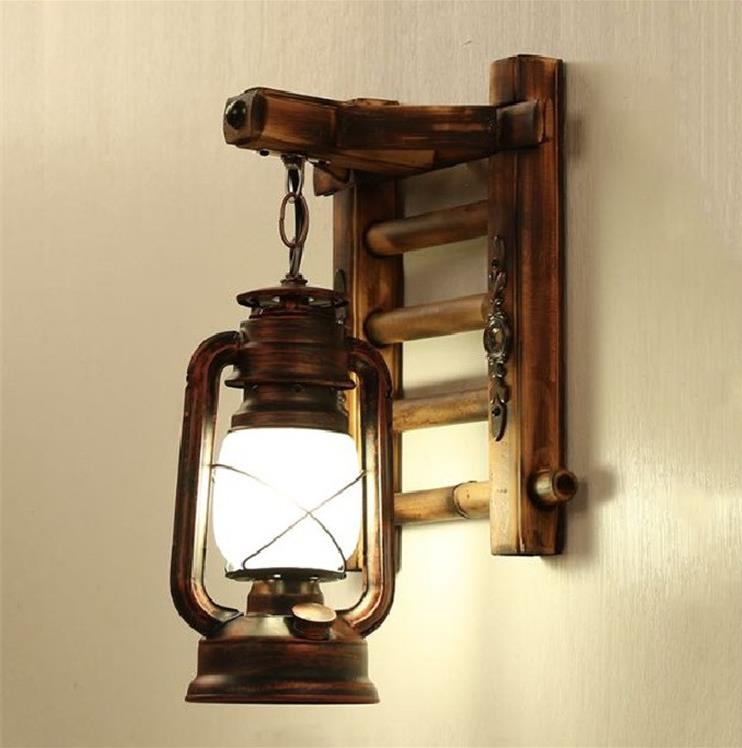 American Country Kerosene Lantern Antique Wall Lamp með tré Hanging Board